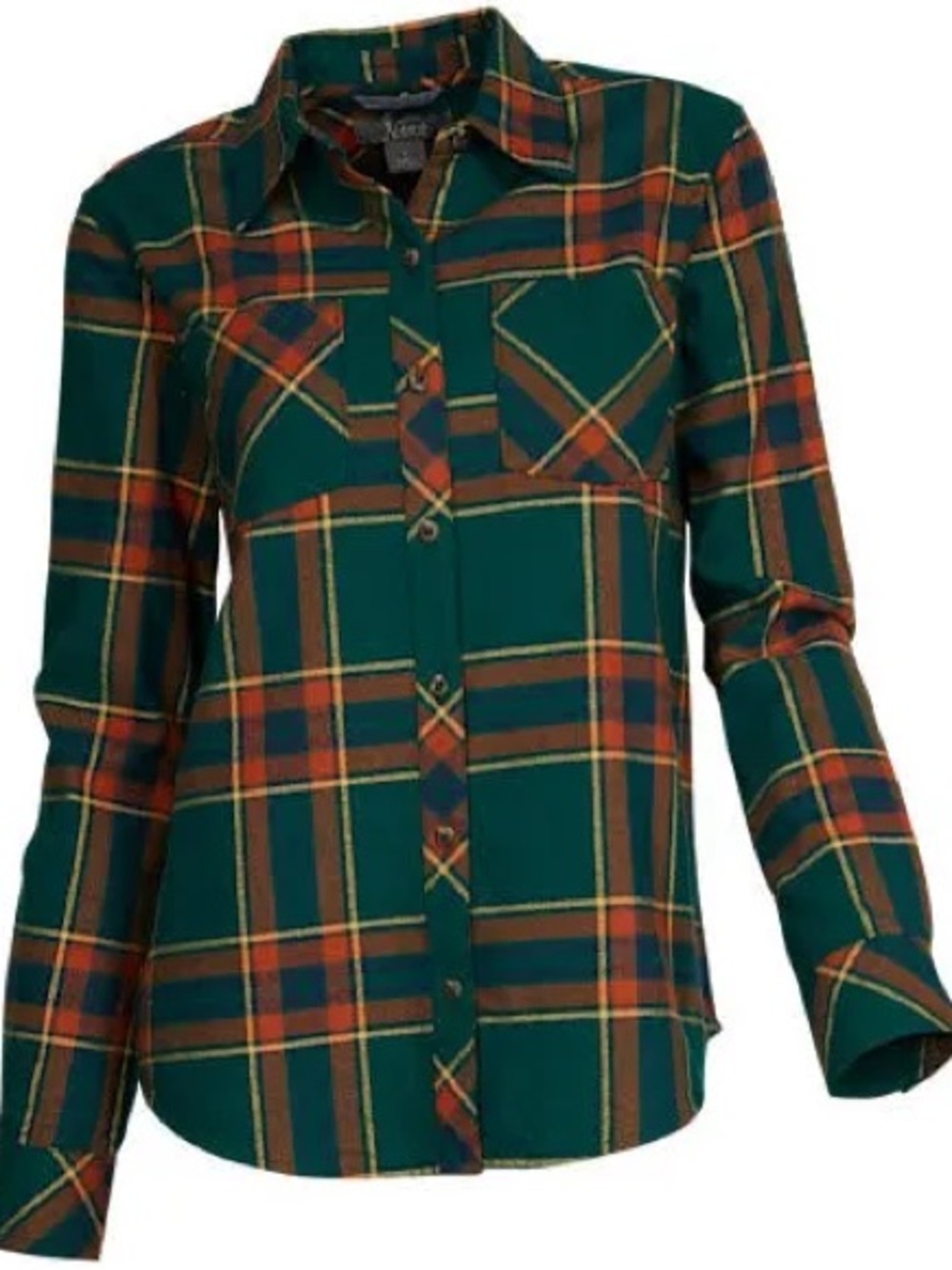 Natural Reflections Green Orange Plaid Cotton Flannel Button Up Shirt